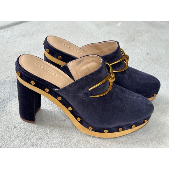NWOT Veronica Beard Women’s 8.5M Giles Clogs Navy Suede Leather Platform Mules - Picture 6 of 11